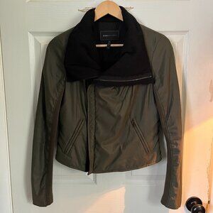 BCBGMazAzria Olive Green Fleece Lined Funnel Collar Jacket